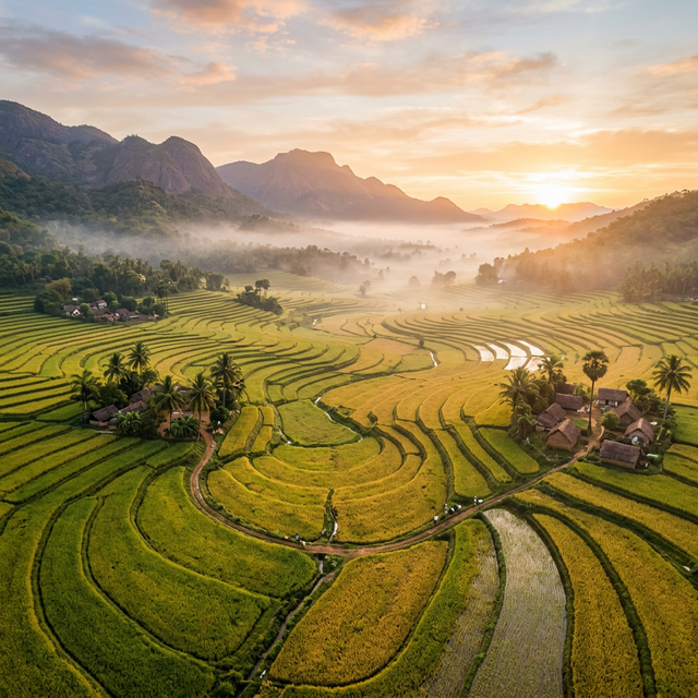 Golden rice fields at sunrise in Tamil Nadu